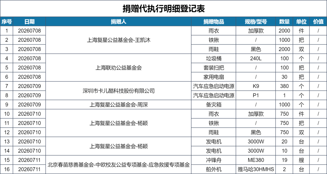 捐赠代执行明细登记表